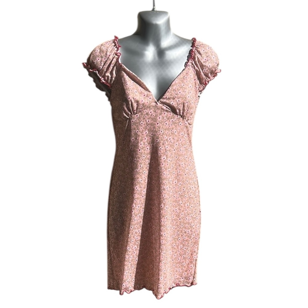 Cottagecore Coquette Pink Floral Babydoll Mini Dress Puff Sleeves Medium